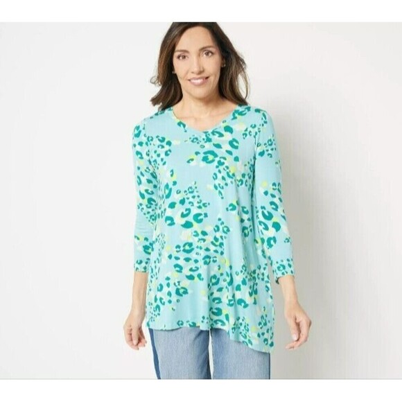 LOGO Lori Goldstein Blue printed v-neck stretch shark bite tunic top 1X XL N88 - Picture 1 of 9